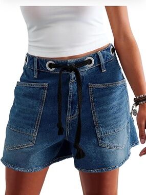 High-Rise Indigo Denim Jean Shorts with Rope Tie